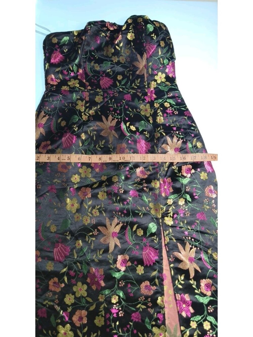 Lulus Size Small Black Satin Floral Jacquard Strapless Midi Dress NWT Metallic - Picture 12 of 16